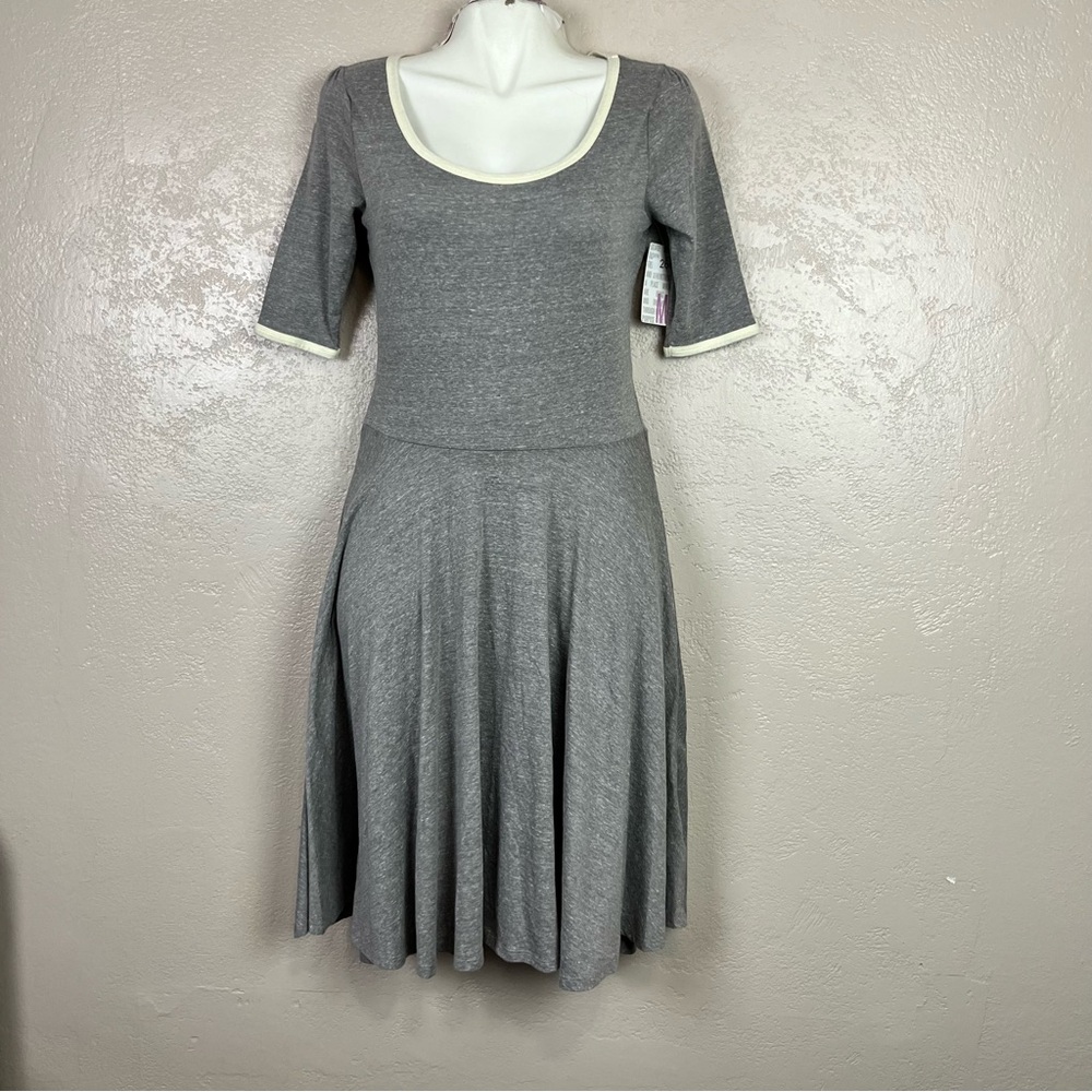 Lularoe Nicole Solid Gray Elbow Sleeve Fit & Flare Dress Size M Trim Soft